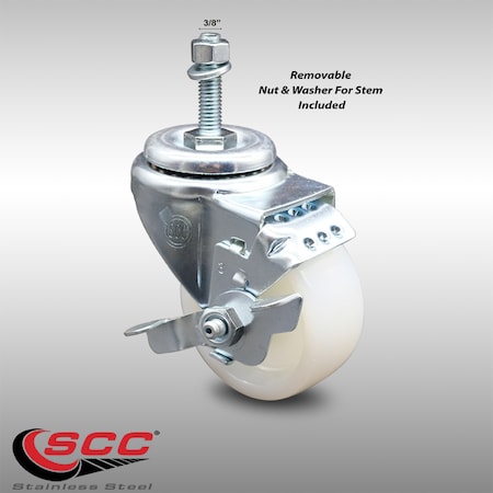 Service Caster 3 Inch SS Nylon Wheel Swivel 3/8 Inch Threaded Stem Caster with Brake SCC SCC-SSTS20S314-NYS-TLB-381615